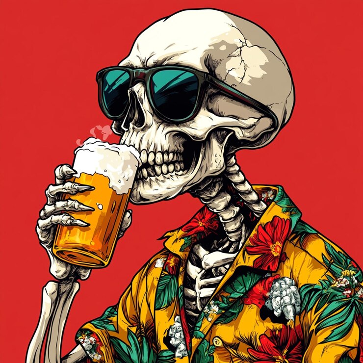 Foto crânio a beber cerveja logotipo de desenho animado