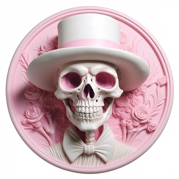 Foto crânio arrafado vestindo um chapéu de topo e gravata em um círculo rosa generativo ai