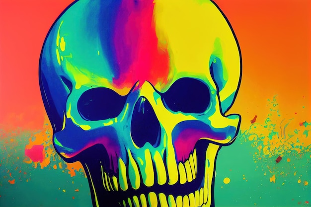 Crânio assustador colorido com tinta sobre fundo vibrante osso de cabeça de pessoa humana morta com louco e louco