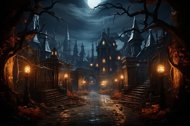 crânio assustador de Halloween com velas acesas na floresta assustadora. conceito de tema de Halloween de terror com lanterna brilhante