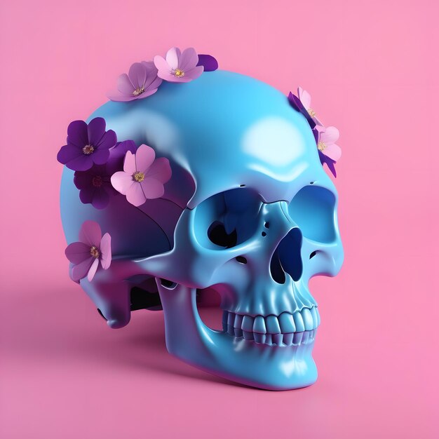 crânio azul com flores roxas em fundo rosa renderização 3D