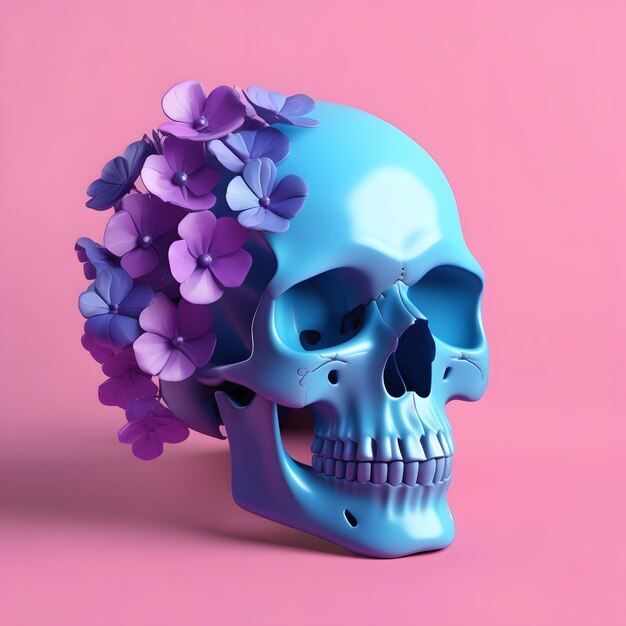 crânio azul com flores roxas em fundo rosa renderização 3D