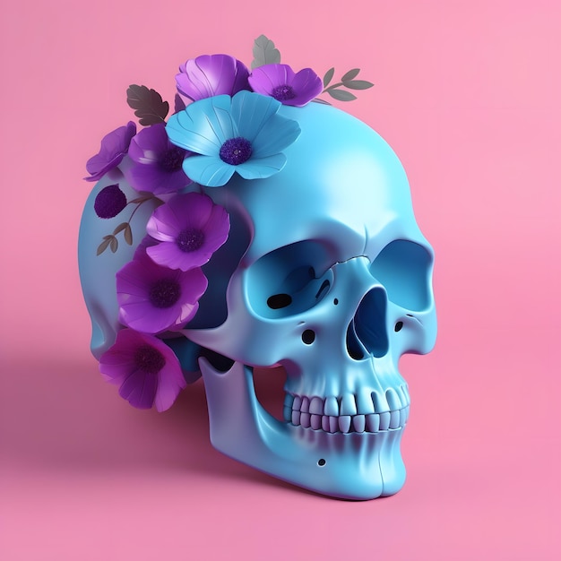 crânio azul com flores roxas em fundo rosa renderização 3D