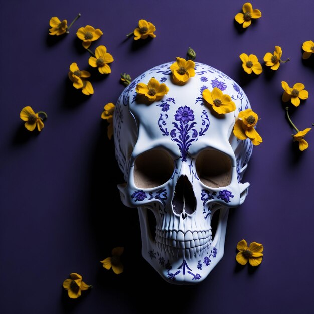 Foto crânio branco decorado com flores laranja de amarelo como para o dia dos mortos no méxico em um roxo