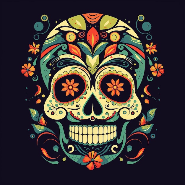 Crânio colorido decorado com flores Dia de muertos ilustração
