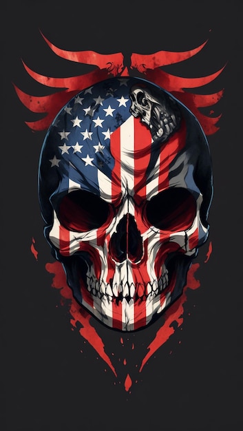 Crânio com bandeira americana e salpicos de grunge em fundo escuro