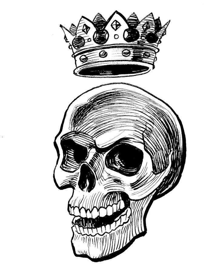 Foto crânio com coroa. desenho de tinta preto e branco
