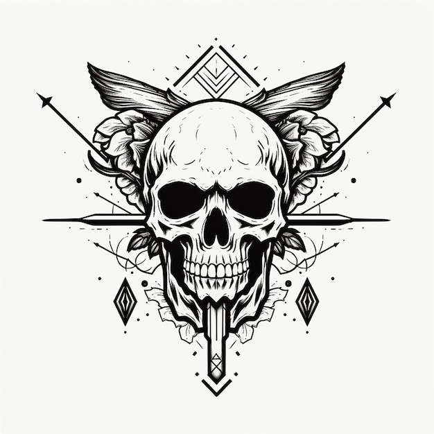 Crânio com design de ilustração de imagem de flecha e faca para capa de caneca de camiseta