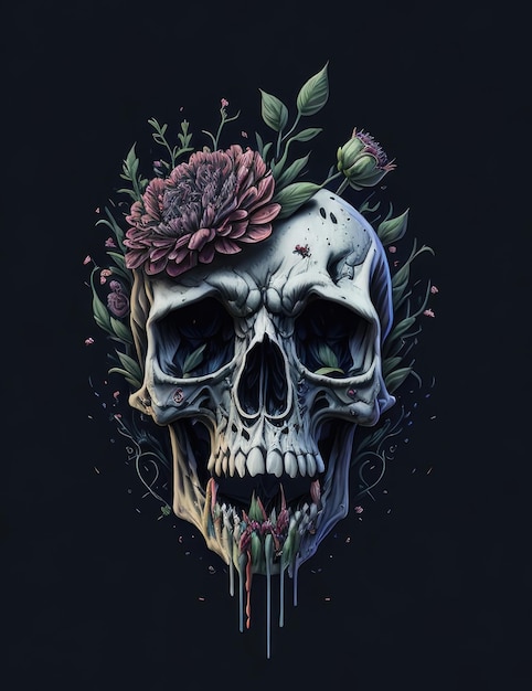 Crânio com flores germinadas em fundo escuro Generative AI