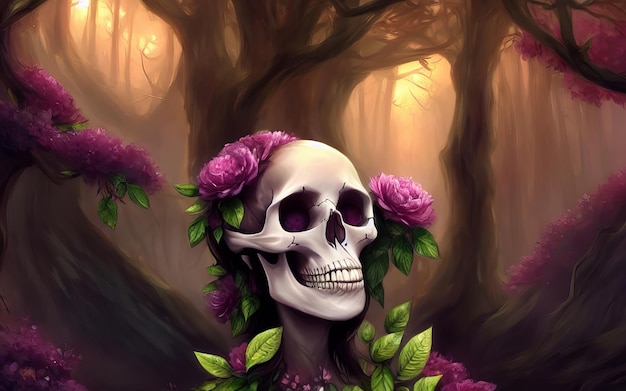 Crânio com fundo criativo cinematográfico de flores para o dia do halloween morto