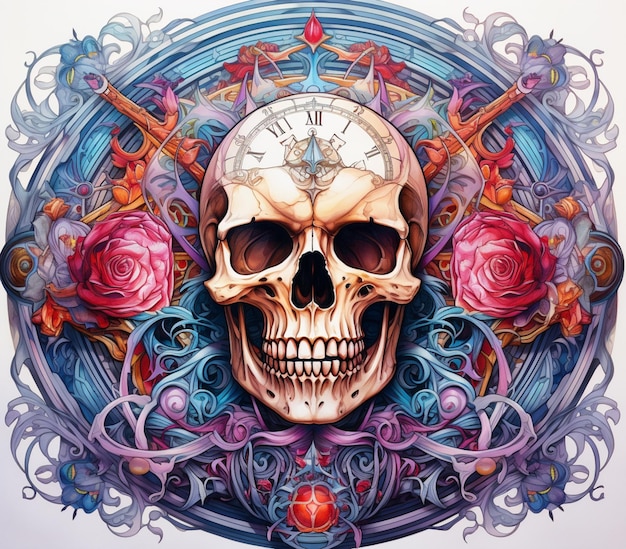 Foto crânio com moldura ornamentada e relógio cercado por rosas generativas ai