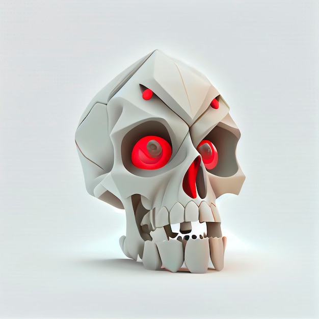 Foto crânio com objeto isolado de olhos vermelhos em ilustração de desenho animado 3d, fundo branco