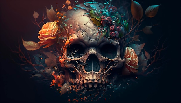 Crânio com rosas Crânio humano em lindas flores Imagens de Halloween Dia dos Mortos Generative ai