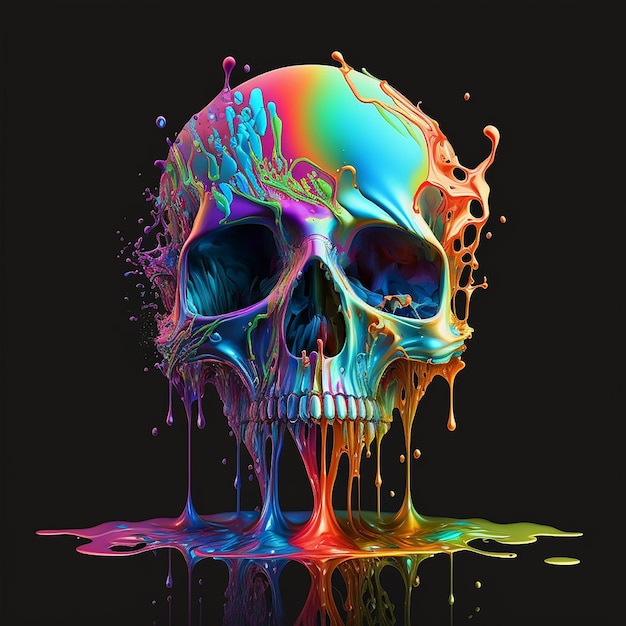 Crânio com tinta pingada de cores do arco-íris