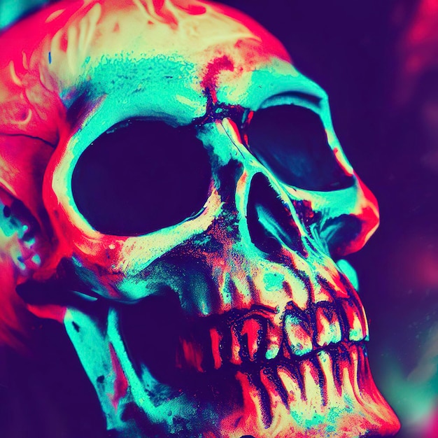 Crânio com tinta vívida Conceito assustador Conceito de Halloween ou Santa Muerte Fundo futuro retrô