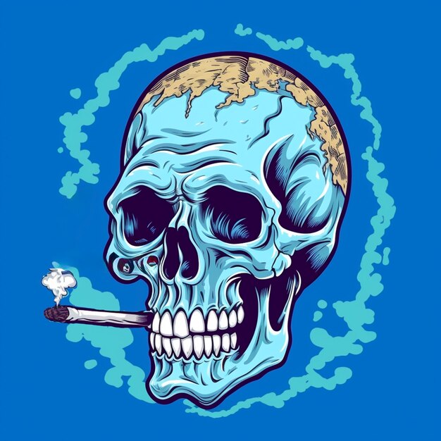 Foto crânio com um charuto fumando isolado no design de fundo azul para capa de caneca de camiseta