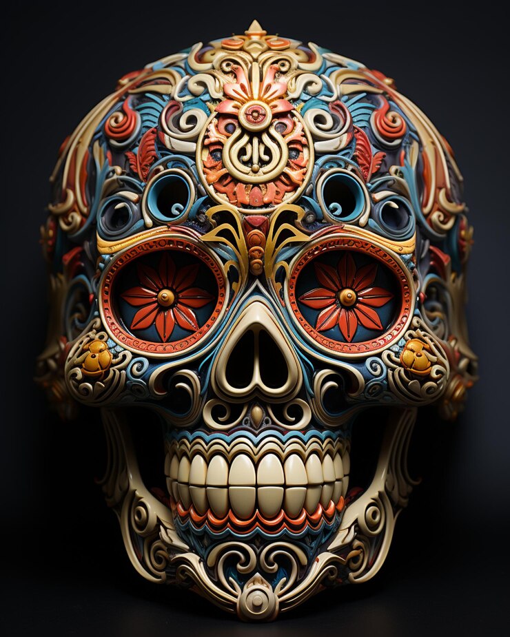 Foto crânio de açúcar de cores brilhantes com desenho ornamentado em fundo preto