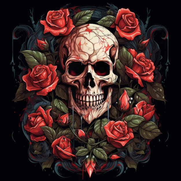 Crânio de bandido com ilustração de rosas