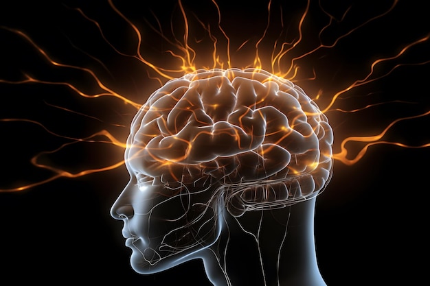 Crânio de cabeça de pessoa com cérebro com chamas ou descargas elétricas Energia cerebral e fadiga