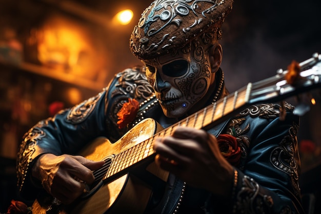 crânio de ciborgue realista tocando uma guitarra futurista em um fundo escuro com luzes de velas