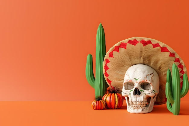 Foto crânio de cinco de mayo com sombrero e cacto em fundo laranja