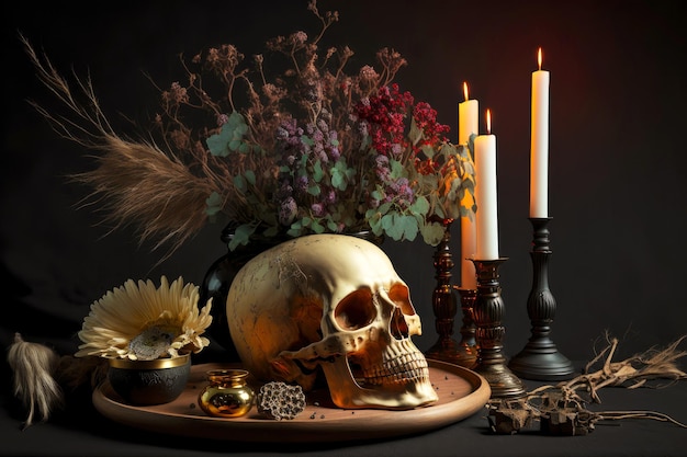 Crânio de cor bege com flores na bandeja com velas