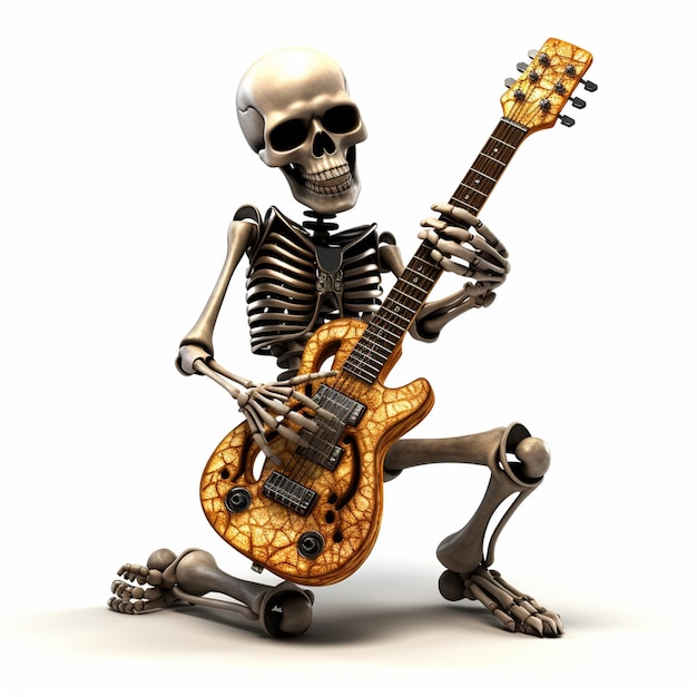 Crânio de corpo inteiro 3d tocando guitarra conceito de desenho animado engraçado gerado por Ai