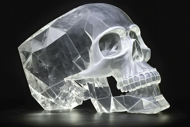 Crânio de cristal transparente colocado contra um fundo preto dramático IA generativa