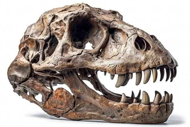 Crânio de dinossauro em fundo branco criado com IA generativa