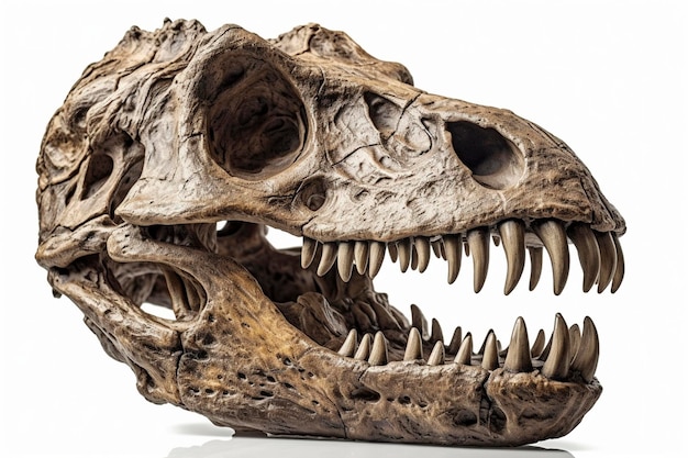 Crânio de dinossauro em fundo branco criado com IA generativa