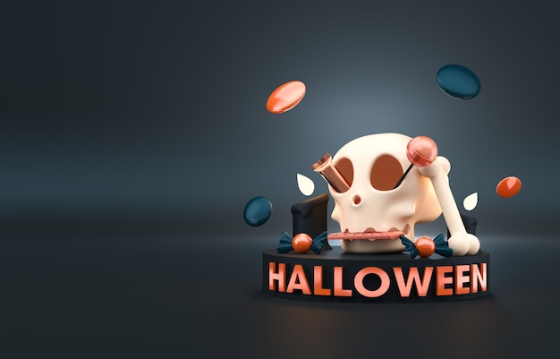 Crânio de Halloween com ilustração 3D de doces