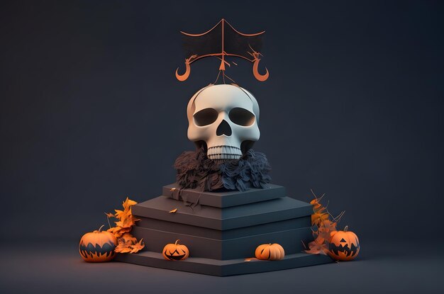 crânio de halloween em um estilo de arte de papel de pódio fundo gerado por ai