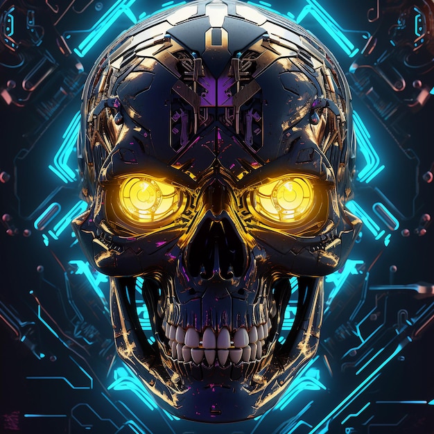 Crânio de inteligência artificial no estilo cyberpunk