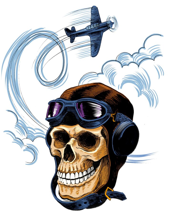 Foto crânio de piloto morto com avião retro voando tinta desenhada à mão em papel e colorida à mão no ipad