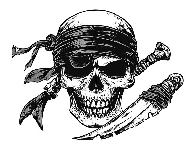 Foto crânio de pirata com um tapa no olho e bandana segurando uma faca