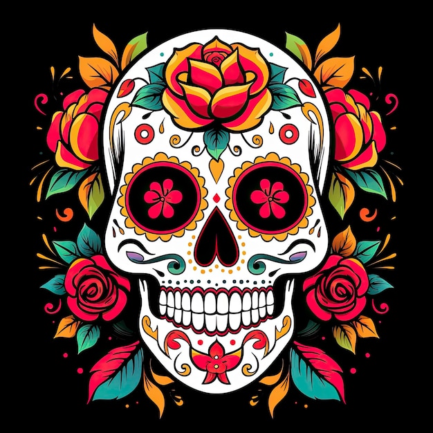 Crânio de rosas mexicanas Crânio de rosas mexicanas Dia de los muertos açúcar cabeça colorida