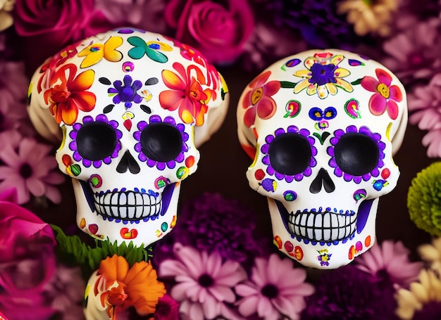 Crânio decorado com flores no fundo dia dos mortos