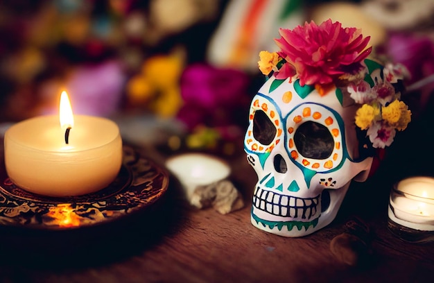 Crânio decorado com uma flor na cabeça e uma vela