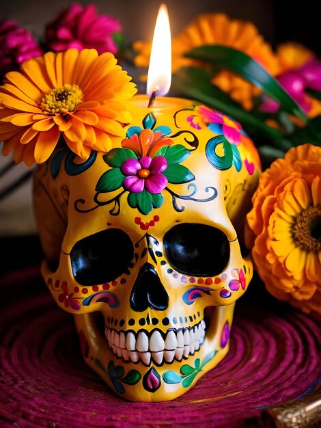 Crânio do Dia dos Mortos com flores de calêndula e velas acesas