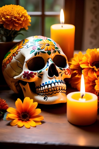 Foto crânio do dia dos mortos com flores de calêndula e velas acesas