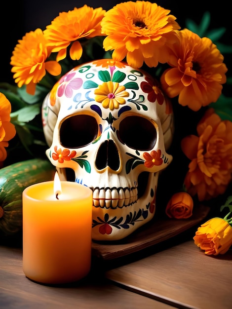 Crânio do Dia dos Mortos com flores de calêndula e velas acesas