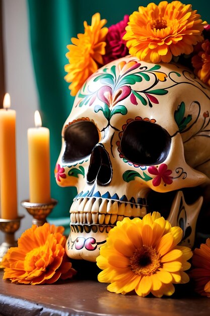 Foto crânio do dia dos mortos com flores de calêndula e velas acesas