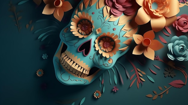 Crânio e flor cortados em papel em um fundo mexicano do Dia dos Mortos