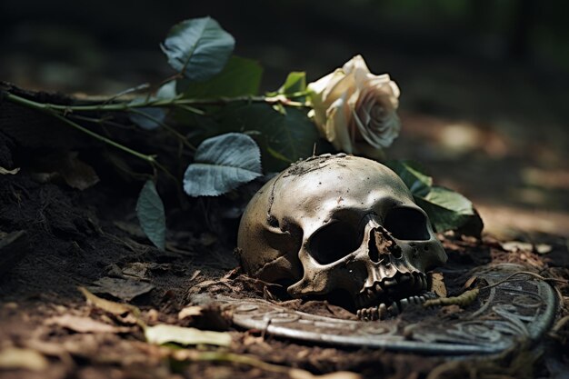Foto crânio e rosa no chão na floresta