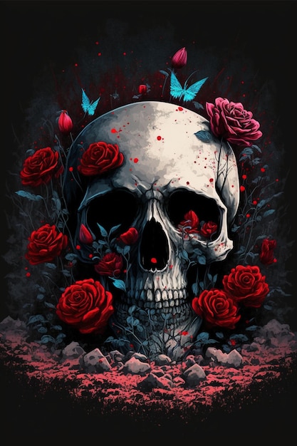 Crânio e rosas em um fundo preto generativo ai