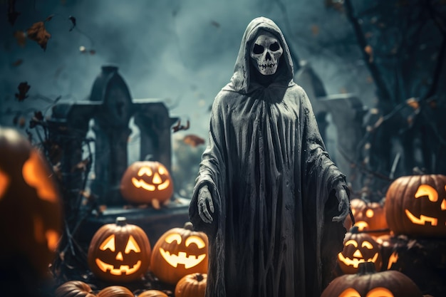 Cránio fantasma morte em Halloween cabeça de abóbora Jacklantern velas queimando