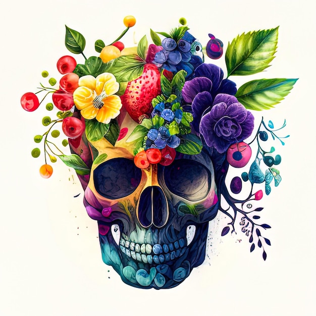 Crânio floral em aquarela para o Halloween e o dia dos mortos