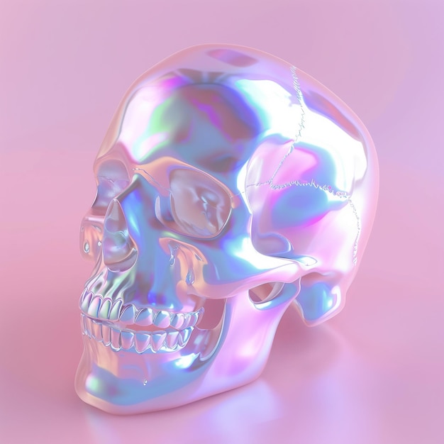 Foto crânio holográfico futurista conceito de design gráfico abstrato crânio humano de cromo para líquido holográficos de estilo pastel brilhante iridescente em fundo rosa