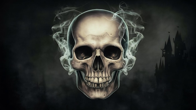 Crânio humano assustador com fumaça