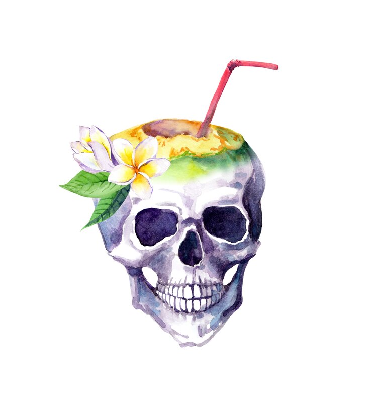 Foto crânio humano com flores de frangipani e coco com canudo. aquarela para um design incomum de camiseta exótica